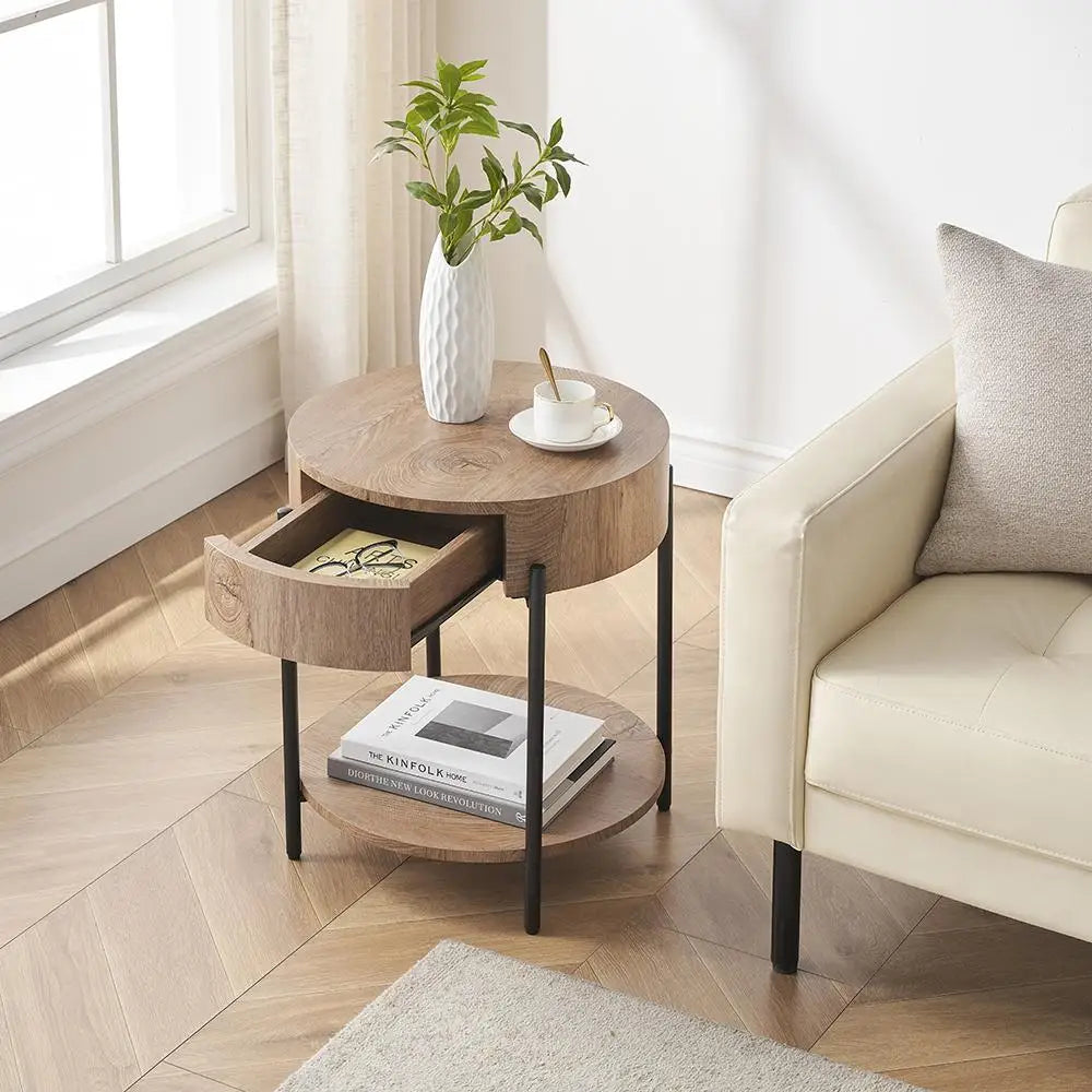 Solid Wood Round Coffee Table with Drawers