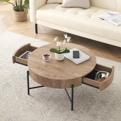 Solid Wood Round Coffee Table with Drawers