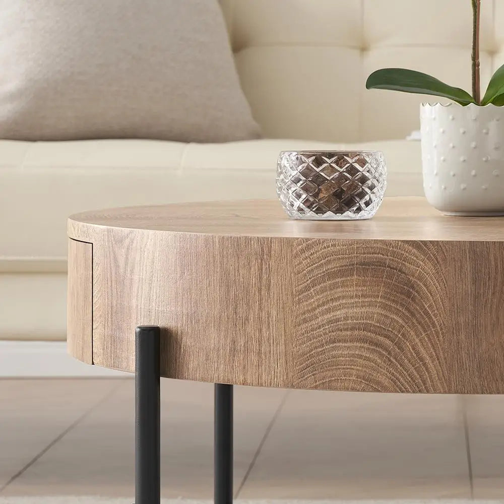 Solid Wood Round Coffee Table with Drawers