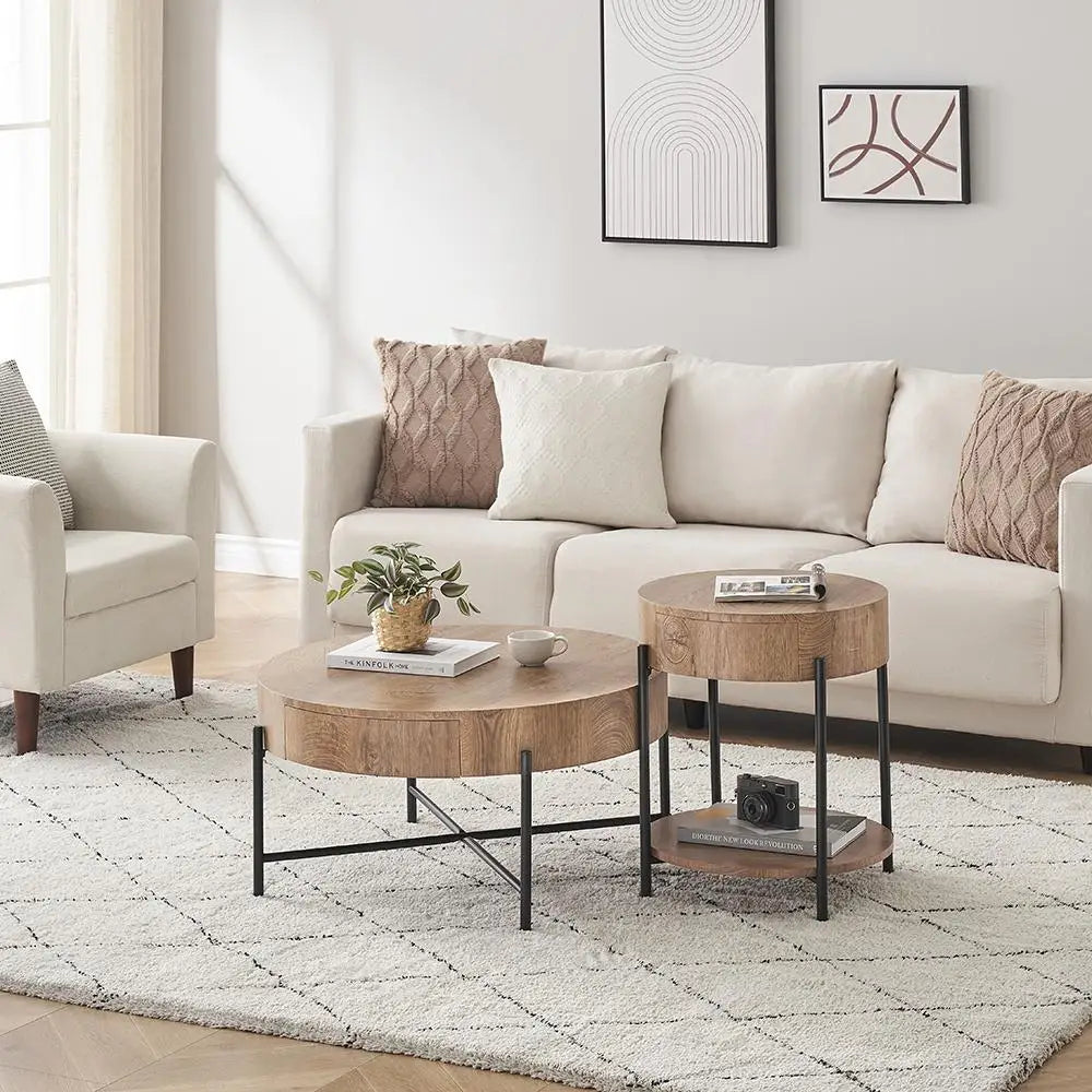 Solid Wood Round Coffee Table with Drawers