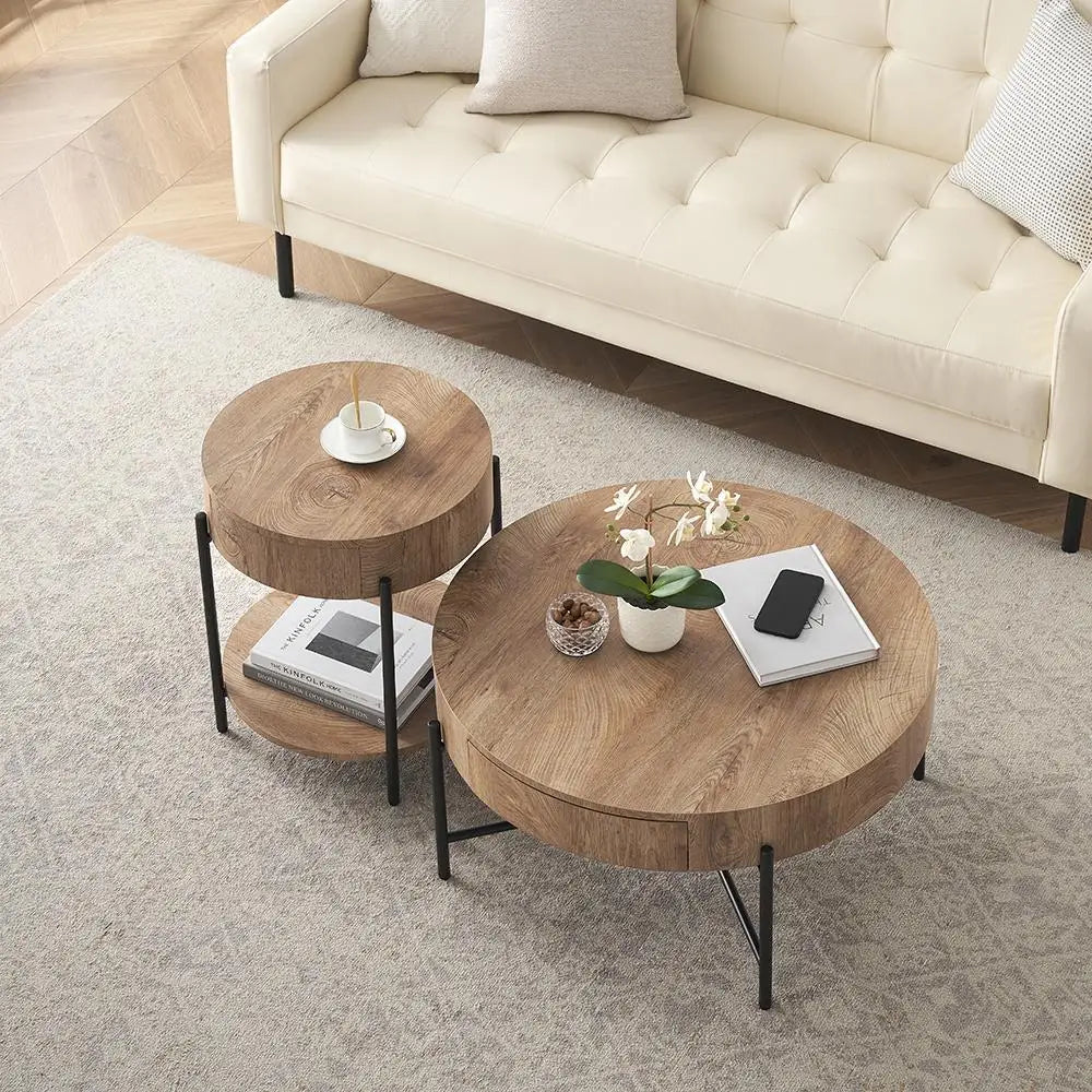 Solid Wood Round Coffee Table with Drawers